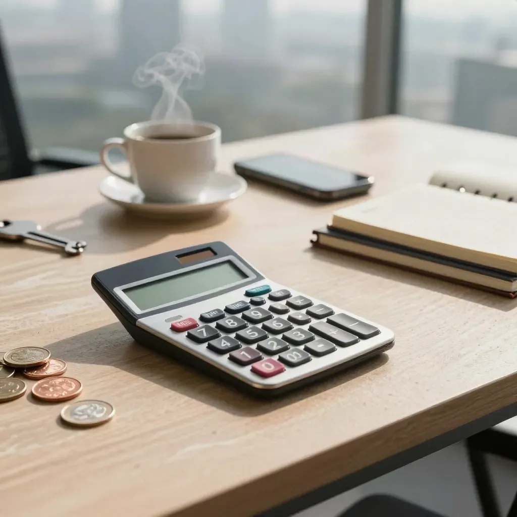 Quiet finance desk with calculator, coins, coffee cup and phone glow before dawn.