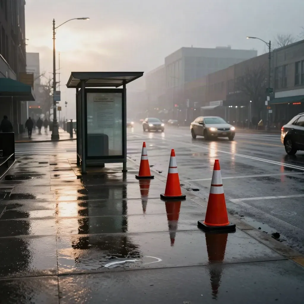 Rain-slick downtown intersection with bus shelter, cones, and glowing reflections at dusk.