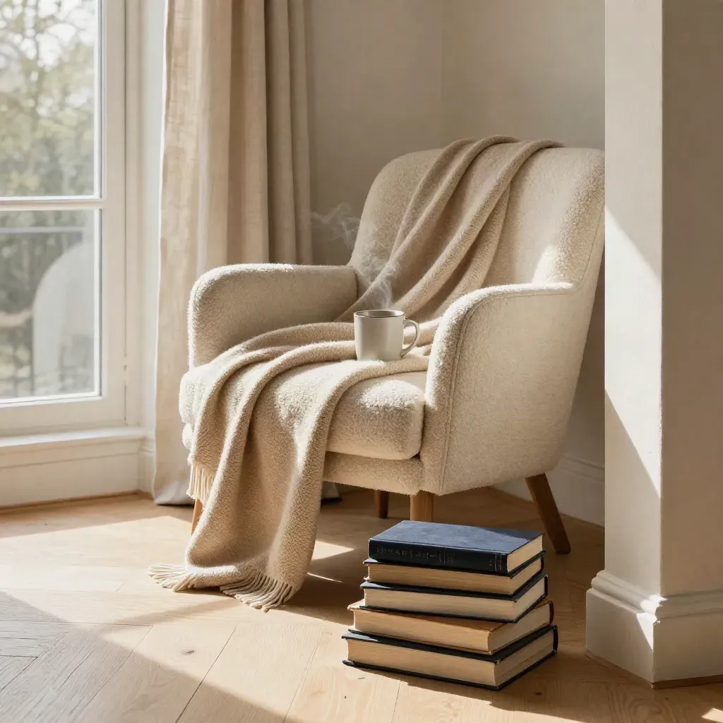Sunlit reading nook with an armchair, blanket, mug, and face-down books in warm morning light