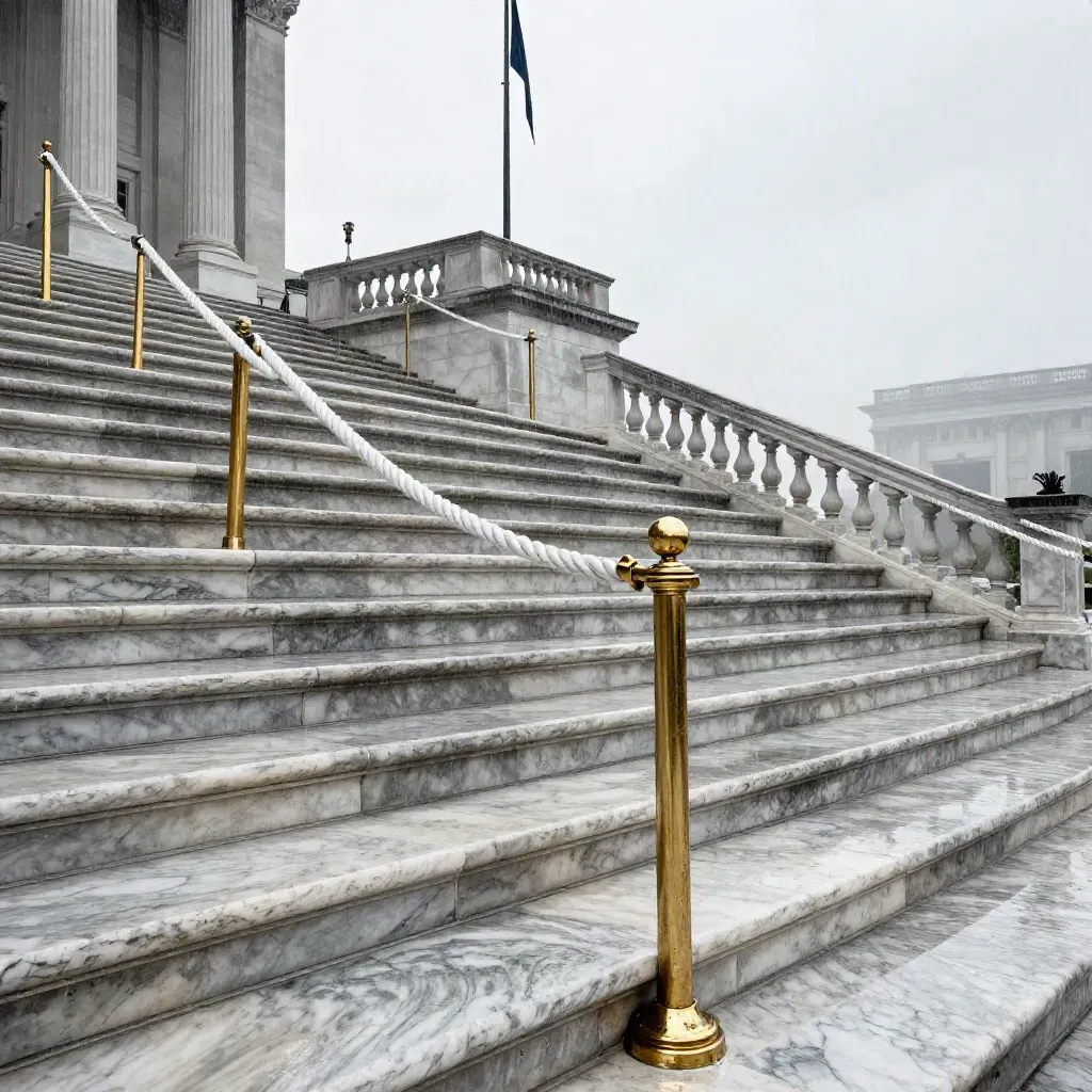 Rain-dark capitol steps, rope barriers, and wind-tossed flags under a slate sky.