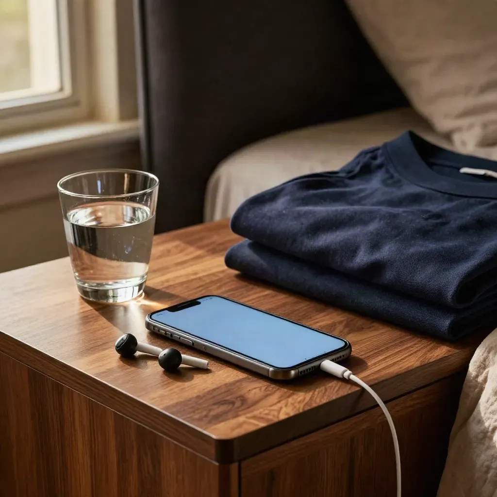 Low bedside still life with a glowing phone, earbuds, water glass and folded navy shirt at dawn.