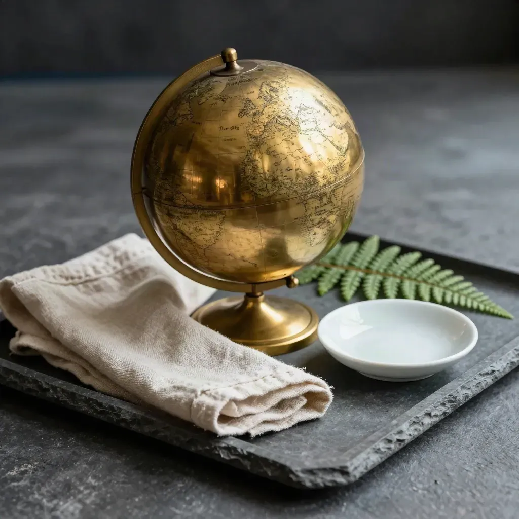 Brass globe with linen, dish and fern on stone, lit by a bright window stripe.